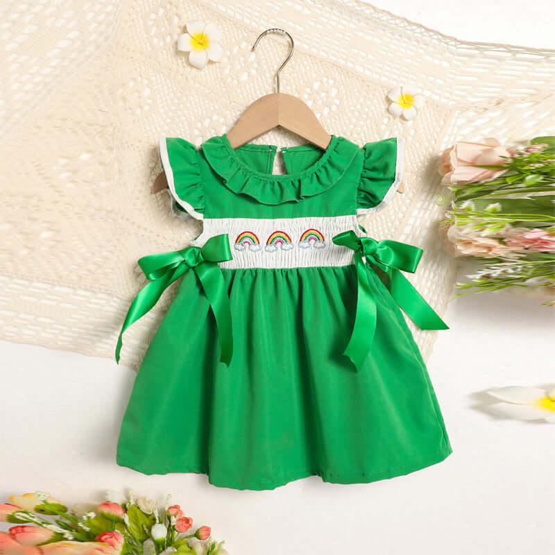 toddler dress with bow Ruffle Sleeve Dress Rainbow Embroidery