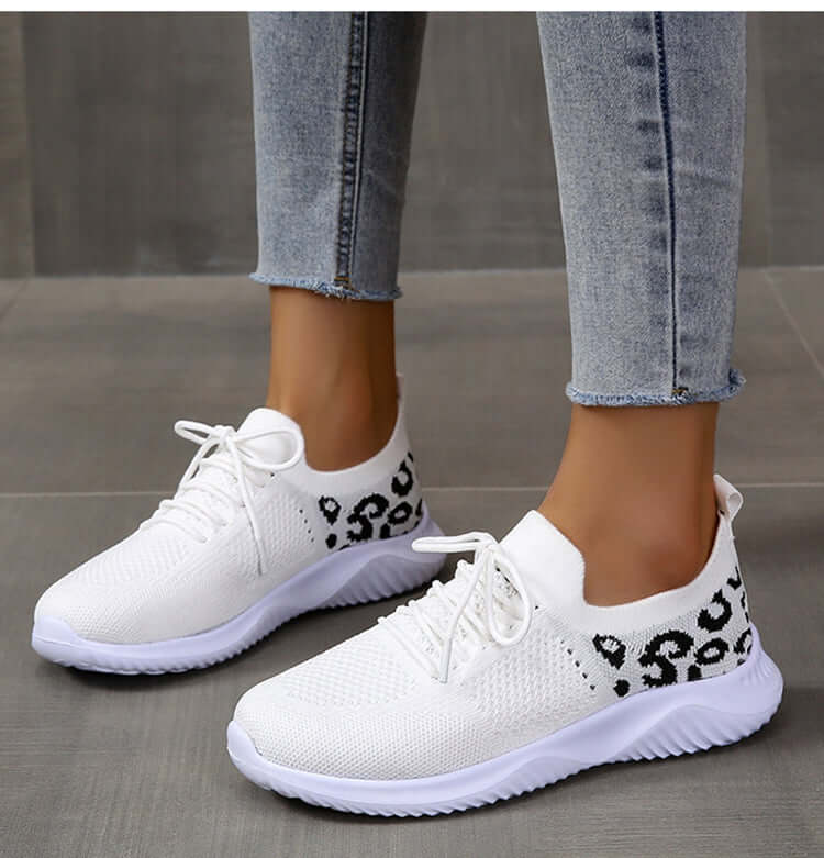 women white shoes Leopard Print Lace-Up Sneakers for Women White
