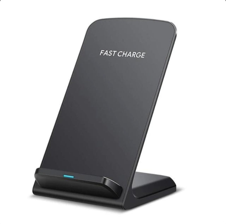 Wireless fast charging dock for Qi-enabled devices with ergonomic design and fast charge feature.