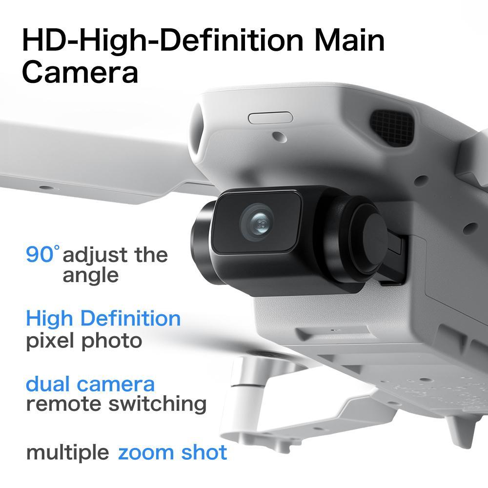 Dual HD camera drone showing HD-high-definition main camera features and adjustable angle.