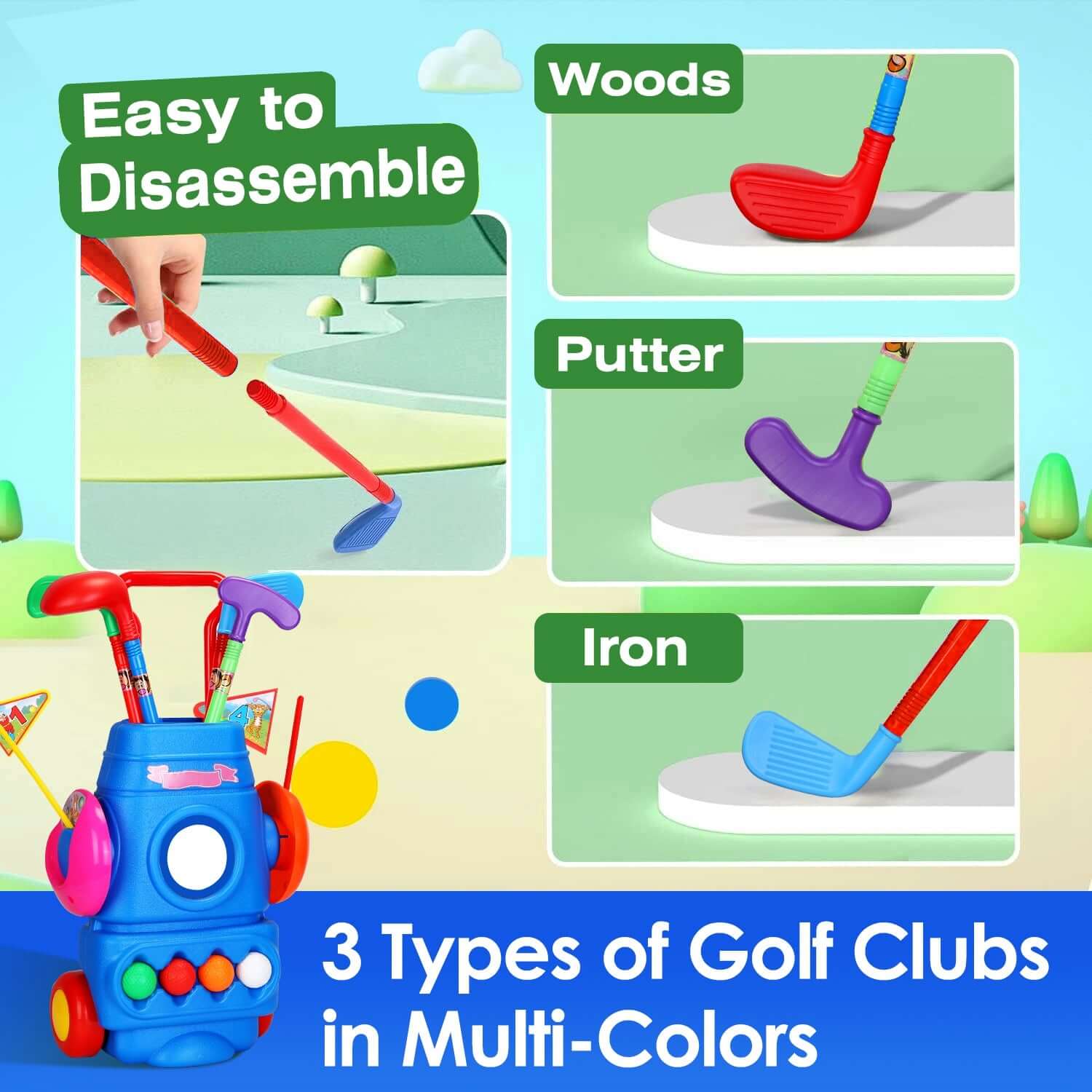 Toddler Golf Set for kids With 4 Balls 4 Clubs 2 Holes 2 Flags Golf Cart