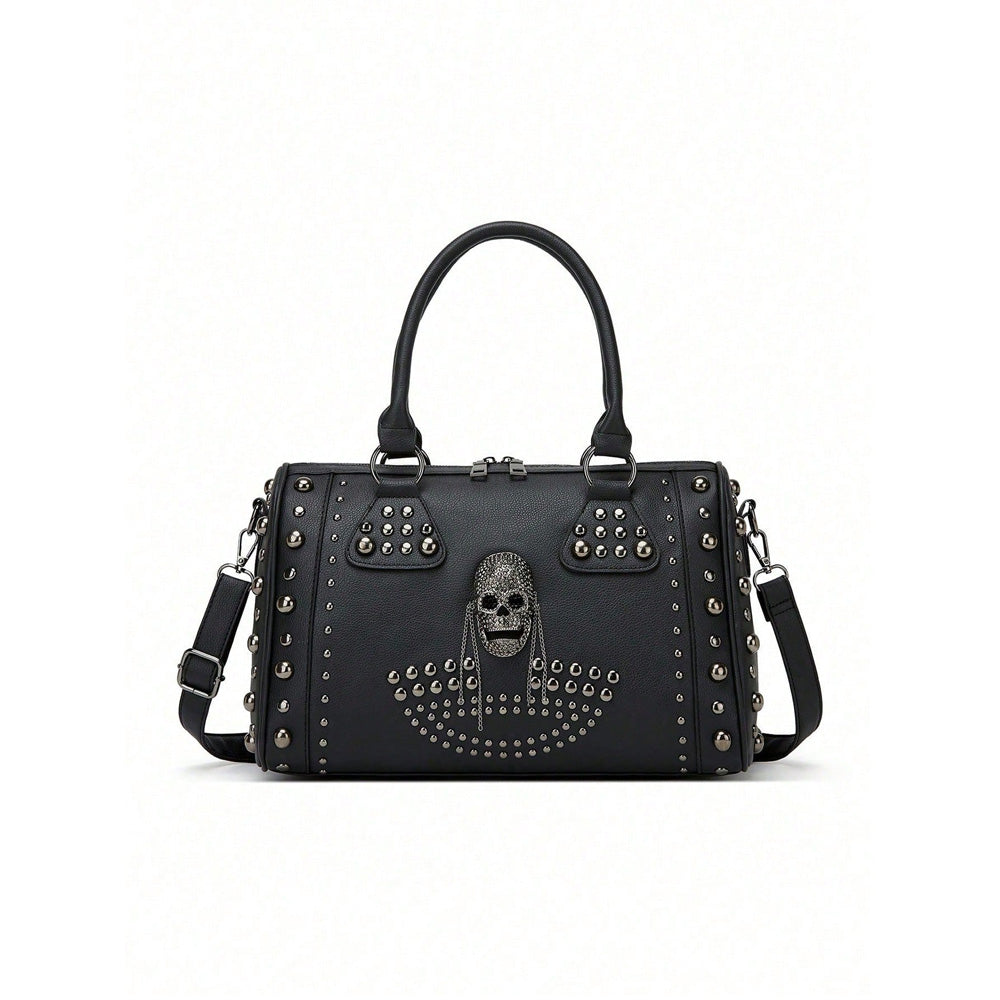 Gothic Punk Skull Rivet Handbag For Women, Halloween Studded PU Leather Large Capacity Shoulder Crossbody Bag, Halloween Party Cosplay Gift