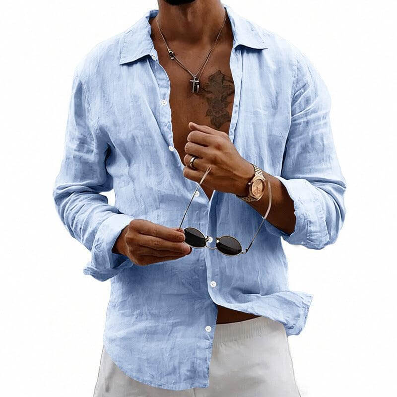 casual linen shirt Loose-fit Cardigan With A Lapel Collar Light Blue