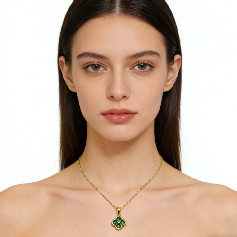 Fashion gold necklace Green 4 Leaf Clover 24K Gold Necklace For Women