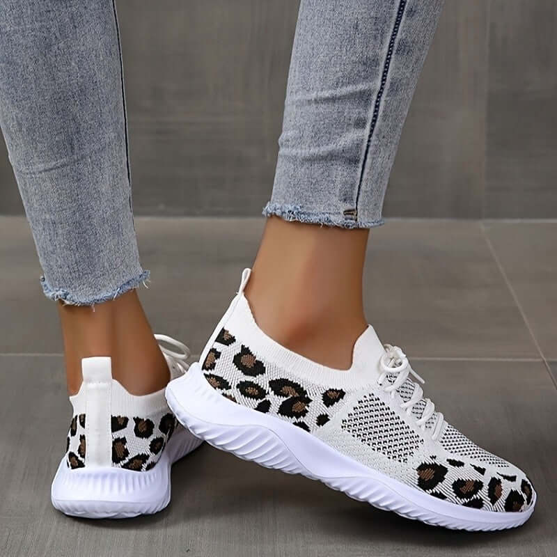 women white shoes Leopard Print Lace-Up Sneakers for Women