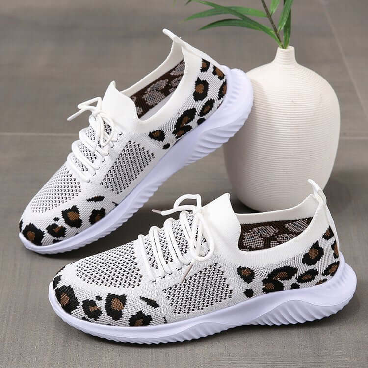 women white shoes Leopard Print Lace-Up Sneakers for Women