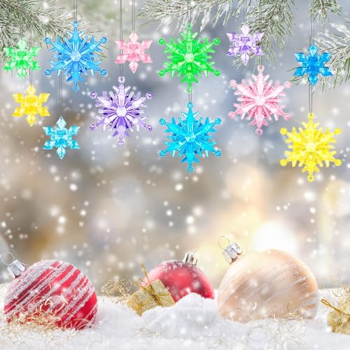 60PcsChristmas Winter Snowflake Ornaments Winter SnowflakeHanging Snowflake Ornaments For Tree, Crystal Pendants With Rope, For Holiday Party DIY Decor,Multicolor
