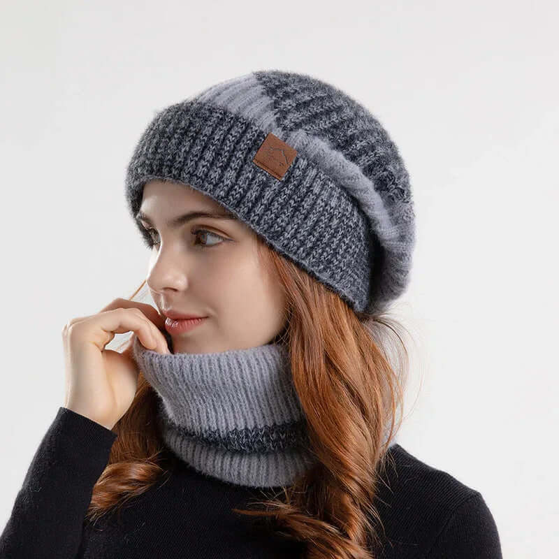 2pcs Knitted Hat With Scarf Two-color Thick Warm Earflaps Wool Scarf Two Tone Gray
