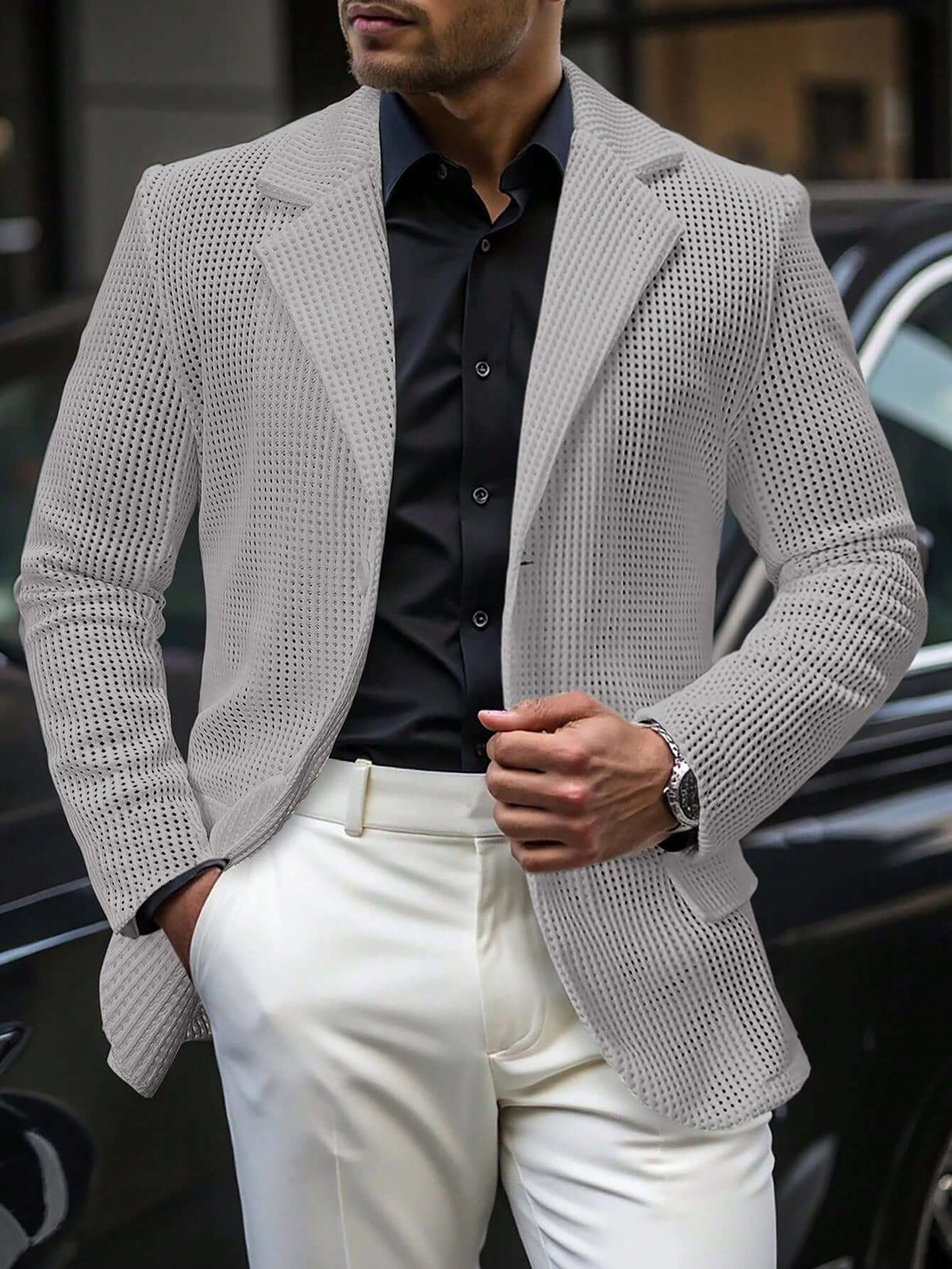 Mens Solid Color Loose Fit White Suit Casual Jacket Grey
