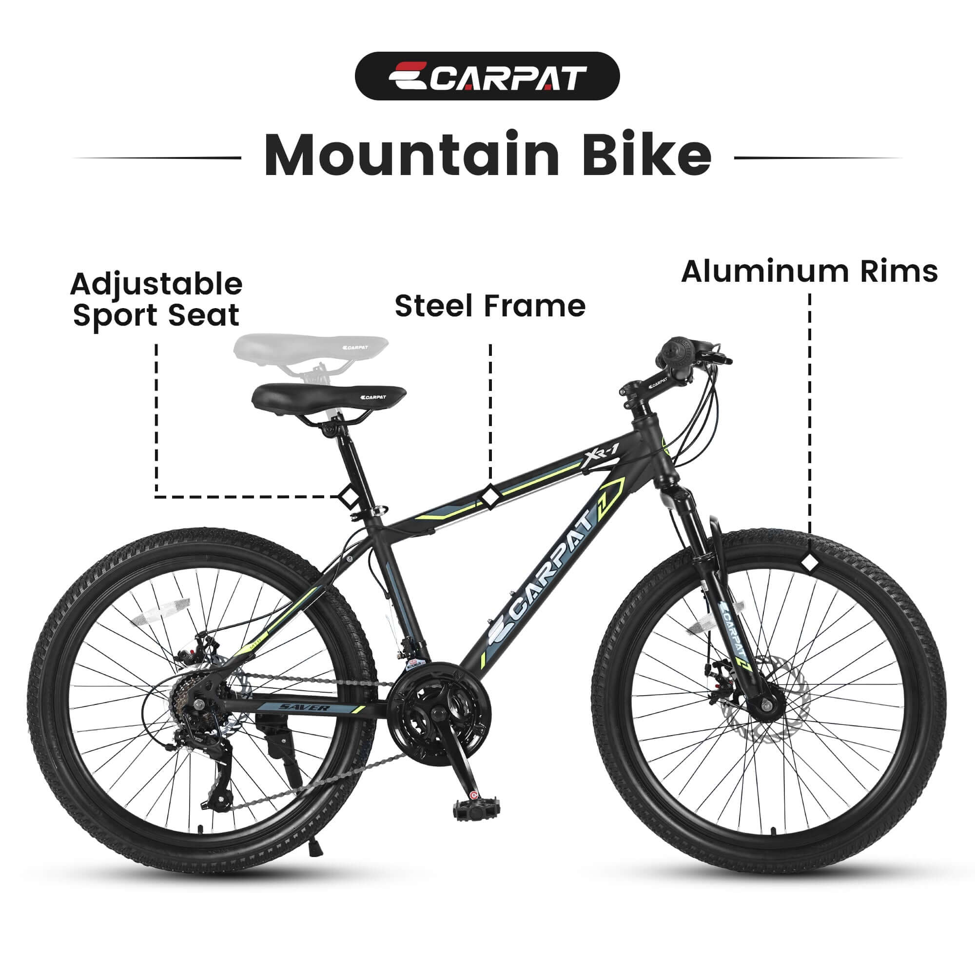 Durable mountain bike with adjustable sport seat, steel frame, and aluminum rims by CARPAT.