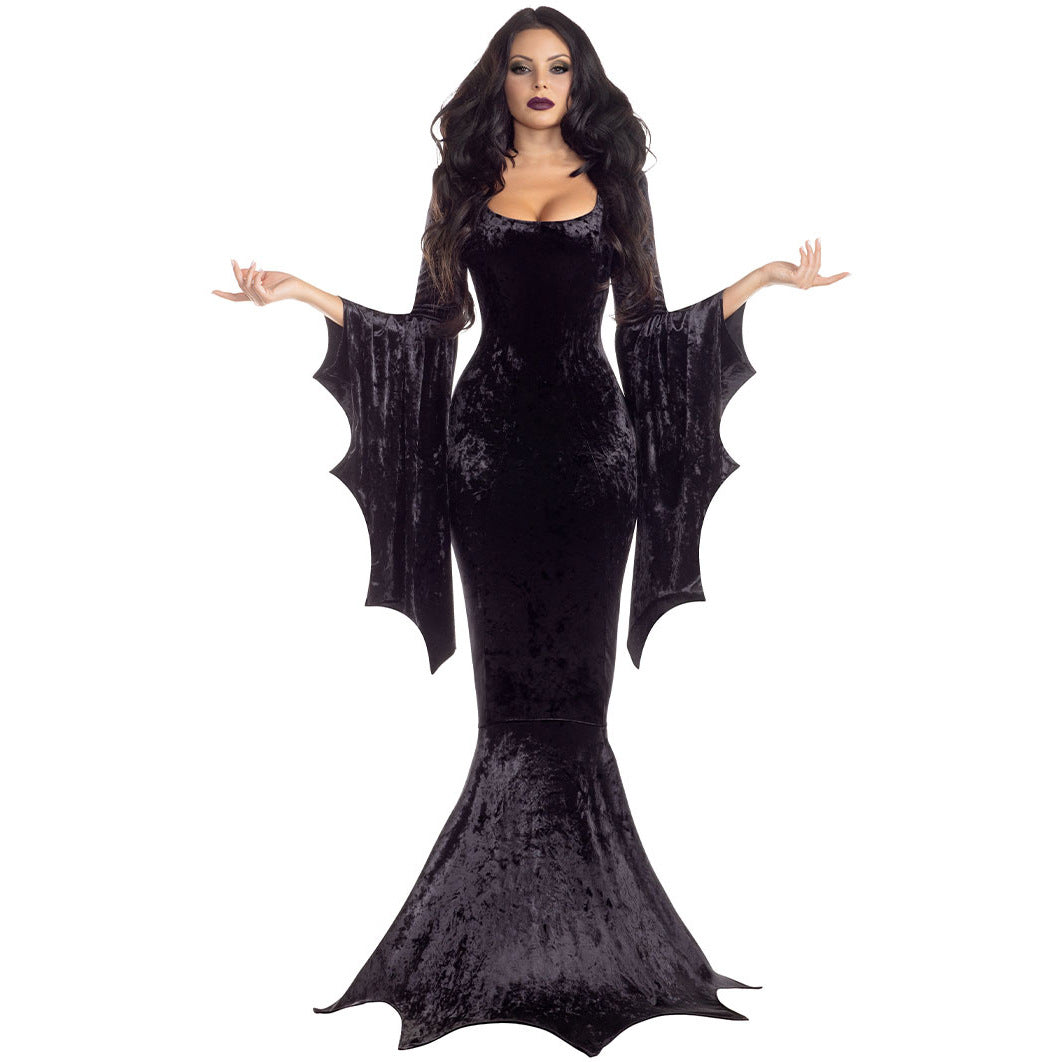 Halloween Witch Ghost Costume long dress in black velvet with dramatic bat wing sleeves for female performance wear.
