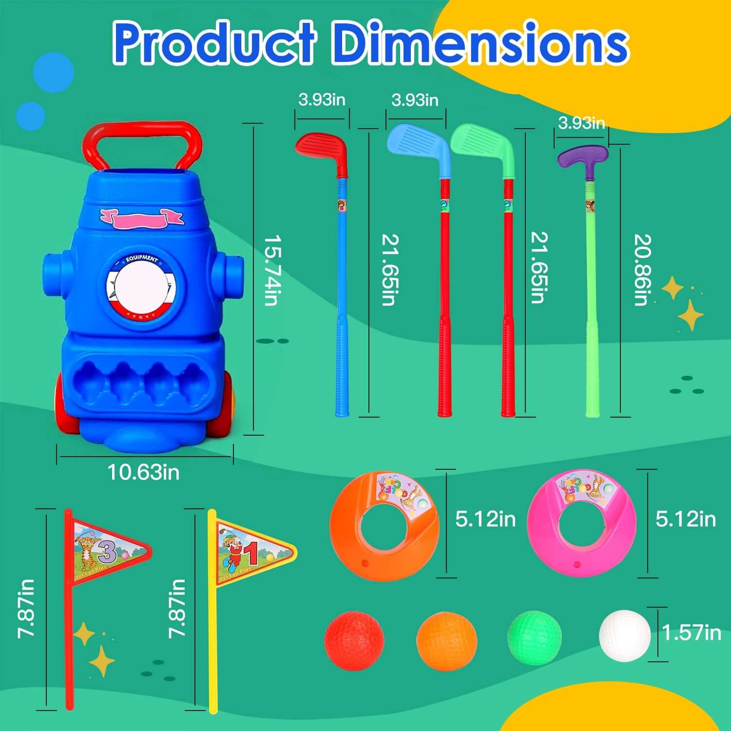 Toddler Golf Set for kids With 4 Balls 4 Clubs 2 Holes 2 Flags Golf Cart