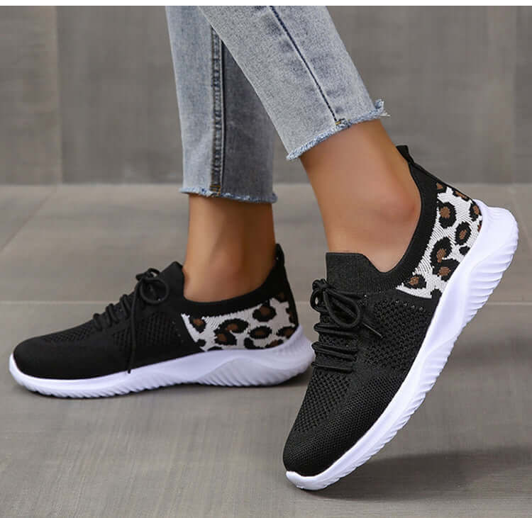 women white shoes Leopard Print Lace-Up Sneakers for Women Black
