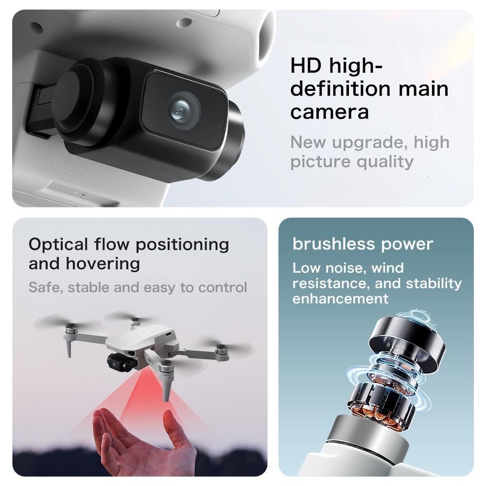 Dual HD camera drone features HD main camera, optical flow hovering, and brushless power for enhanced flight.