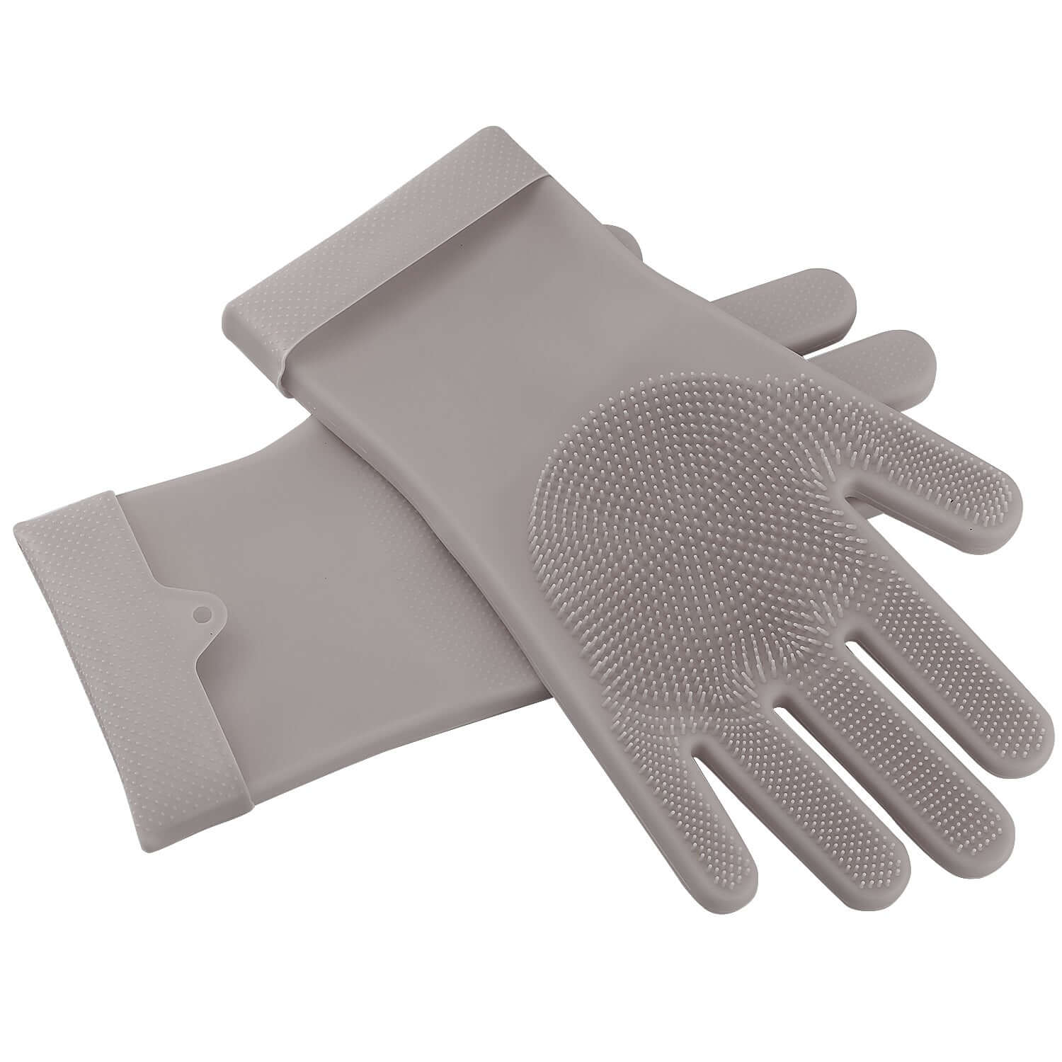 1 Pair Silicone Brush Dishwashing Gloves Cleaning Sponge Pet Scrubber Heat Resistant Wash Gloves Grey