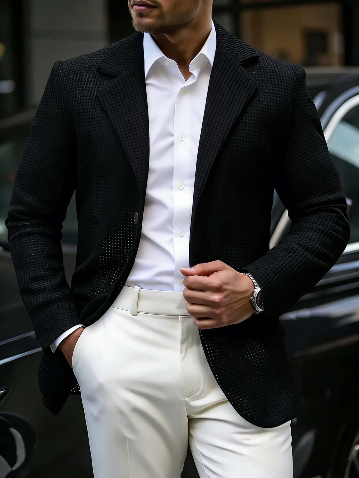 Mens Solid Color Loose Fit White Suit Casual Jacket Black