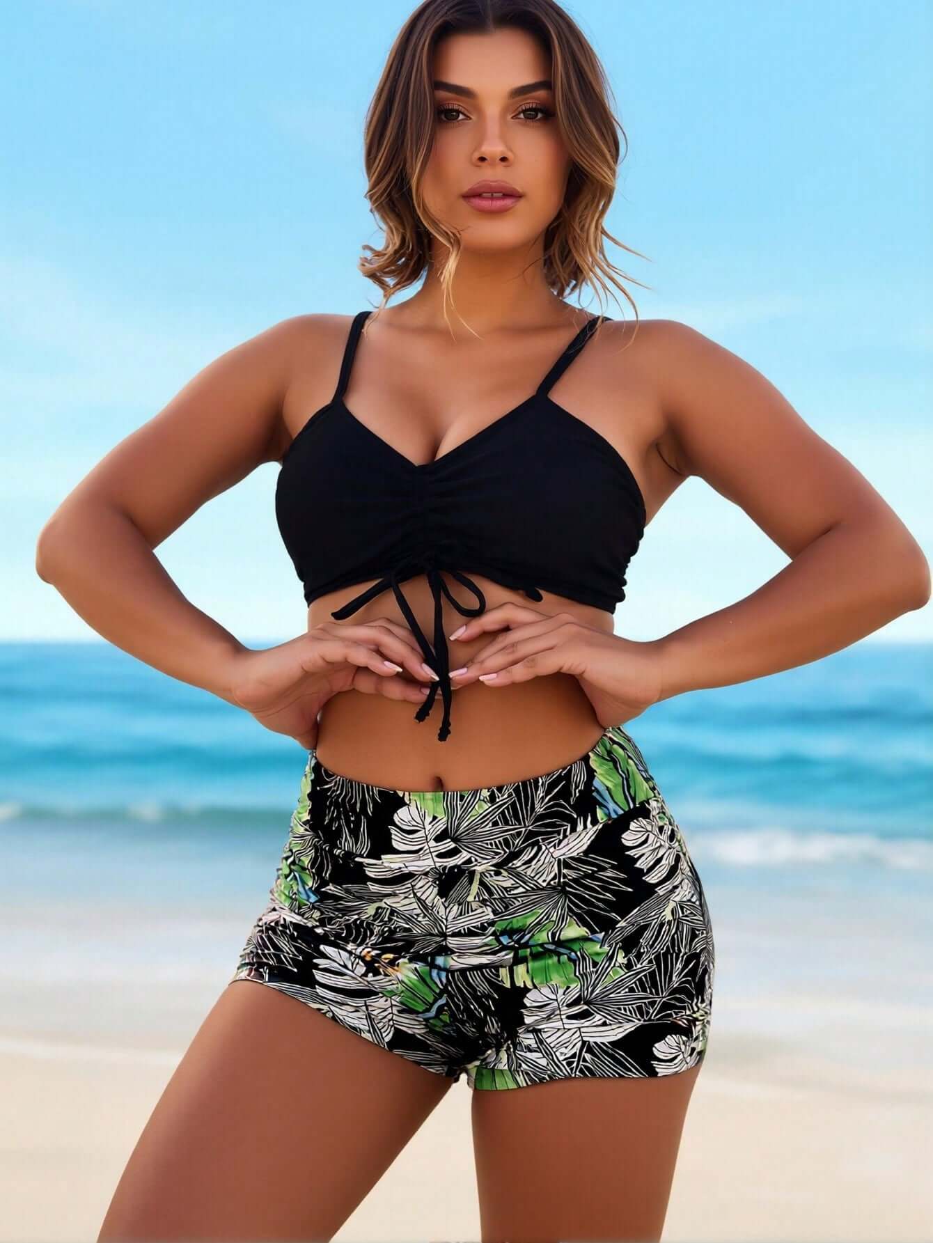 Solid Black Bathing Suit 2026 New Solid Black Ruched Crop Swim Top