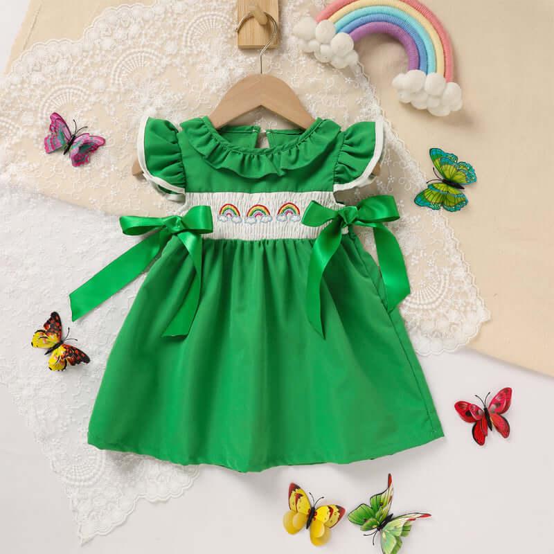 toddler dress with bow Ruffle Sleeve Dress Rainbow Embroidery Green 12to18 Month