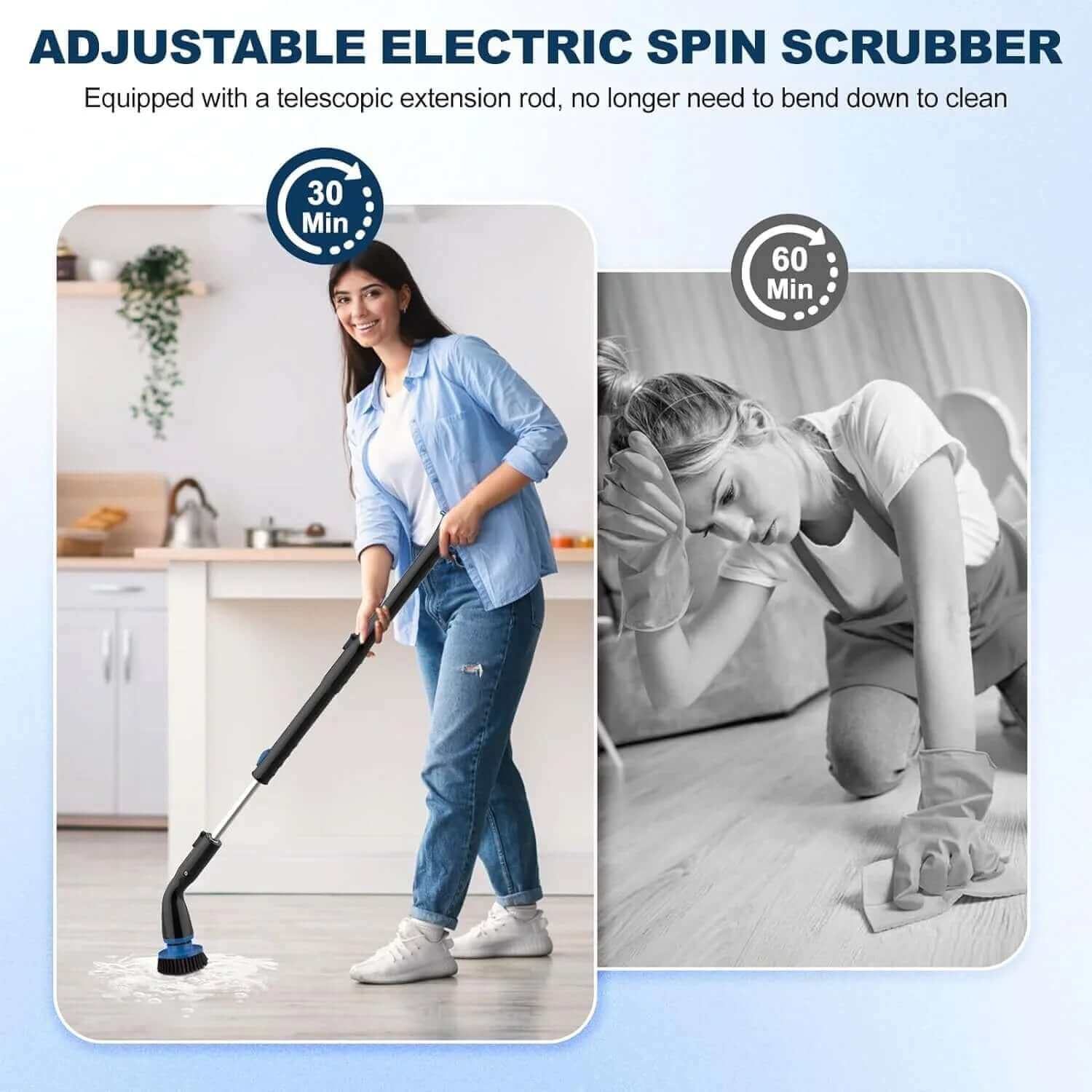 Adjustable electric spin scrubber with telescopic rod for easy floor cleaning, saves time vs manual scrubbing