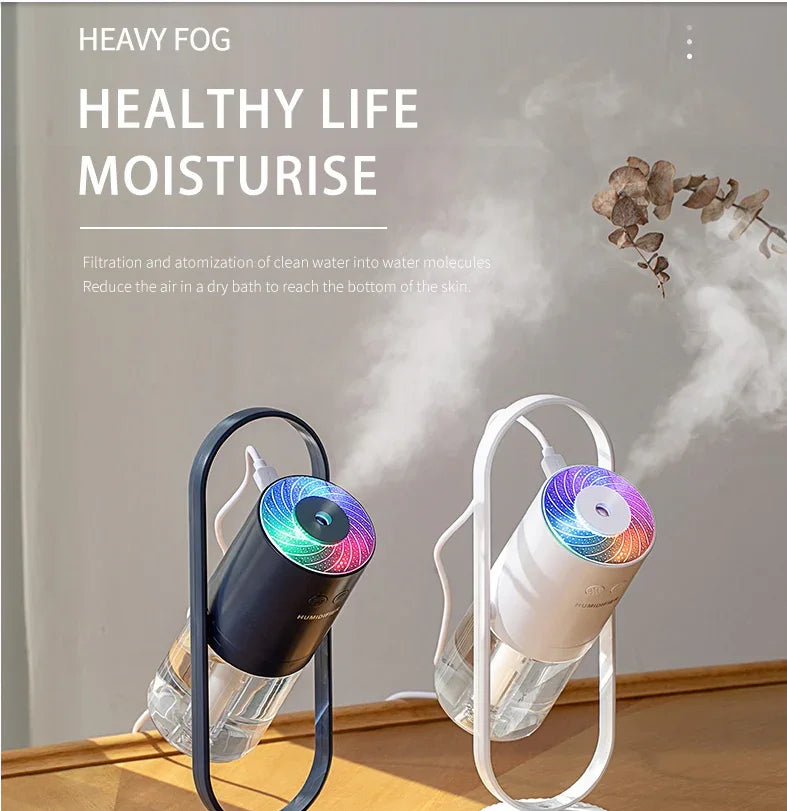 Colorful LED humidifiers emitting heavy fog for healthy life moisture with clean water filtration