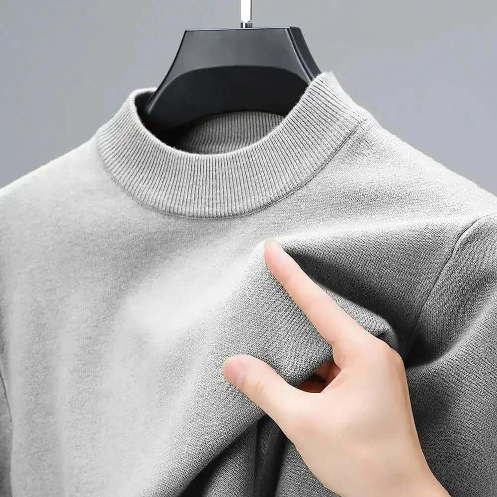 Gray ribbed crew neck sweater, soft fabric, men's clothing