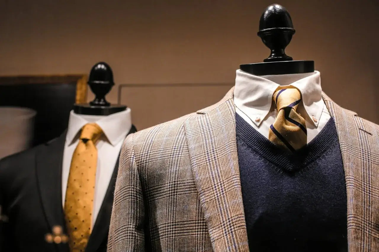 Men's plaid blazer with navy sweater and yellow tie on mannequin