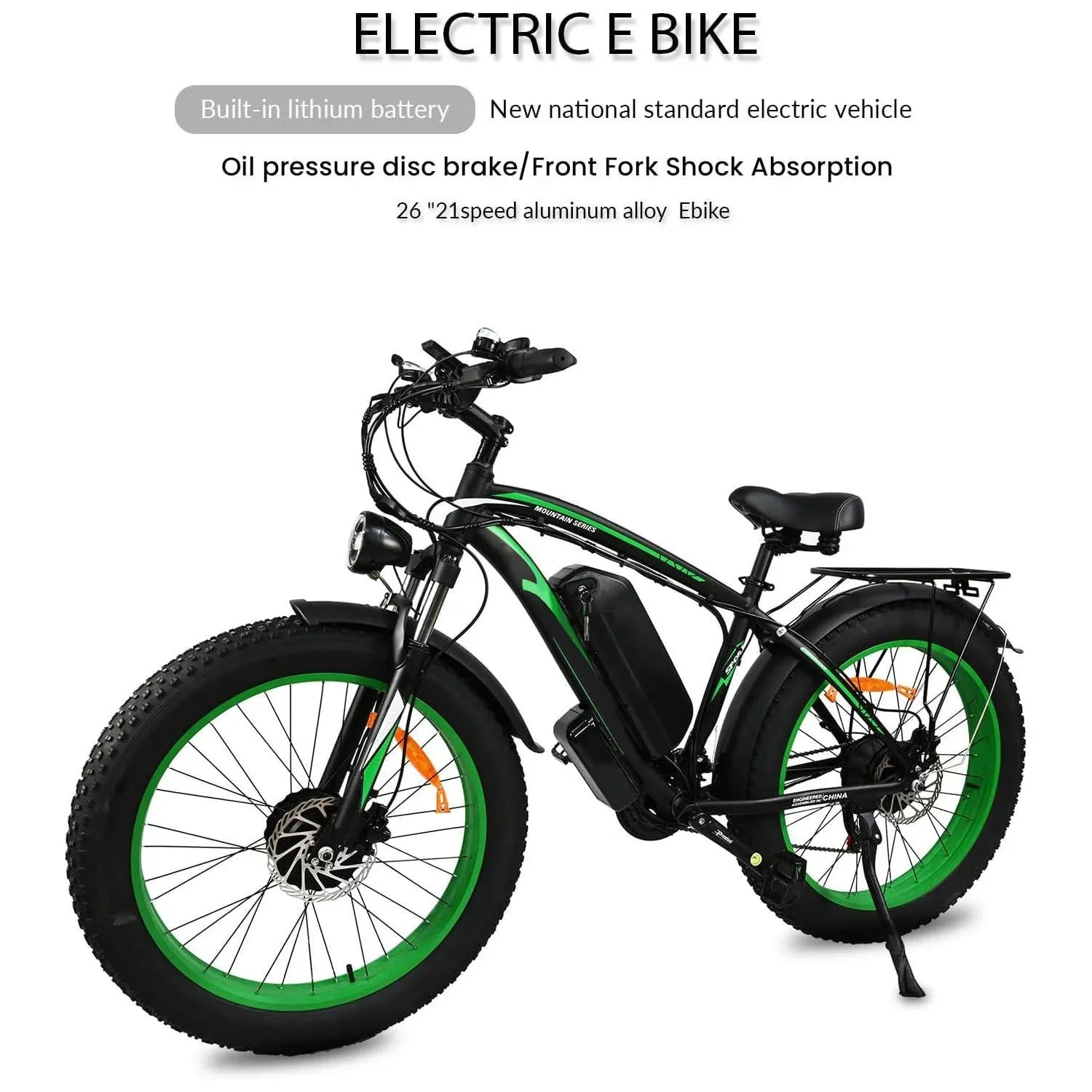 26-inch electric fat tire bike with green rims, lithium battery, disc brakes, and front shock absorption