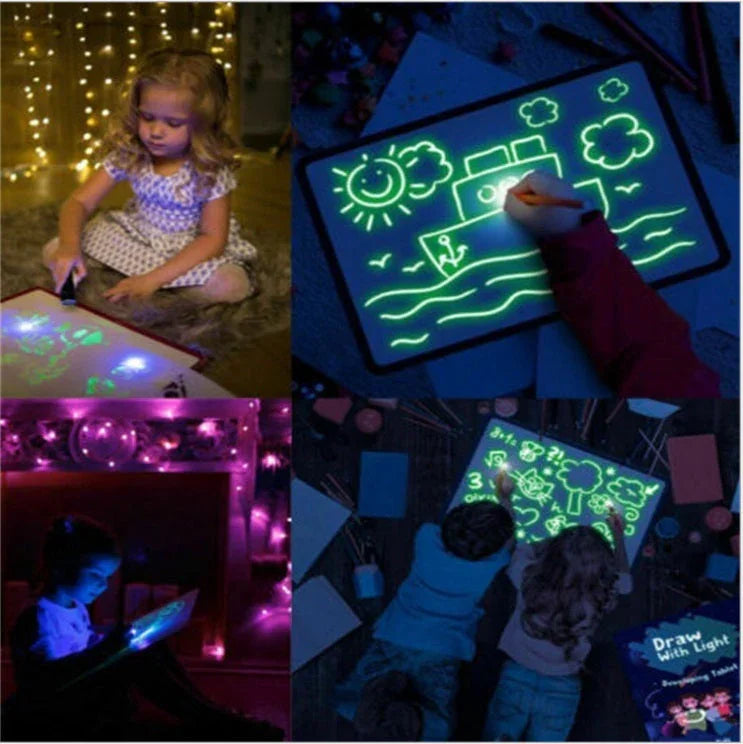 Kids drawing on glowing light tablets with colorful designs in cozy, festive settings