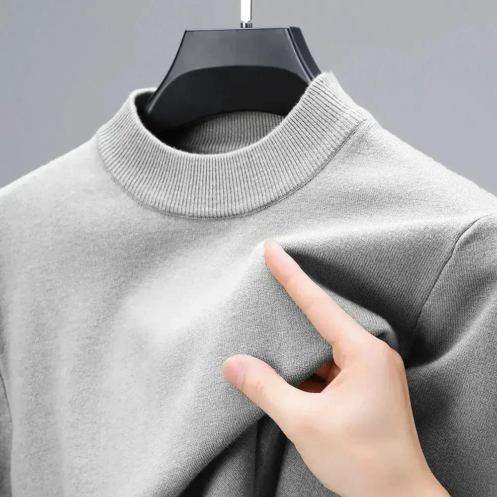 Gray ribbed crew neck sweater, soft fabric, men's clothing