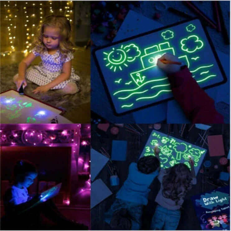 Kids drawing on glowing light tablets with colorful designs in cozy, festive settings