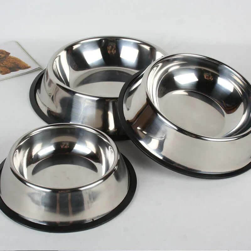 Stainless steel pet bowls with non-slip bases, ideal for dogs and cats