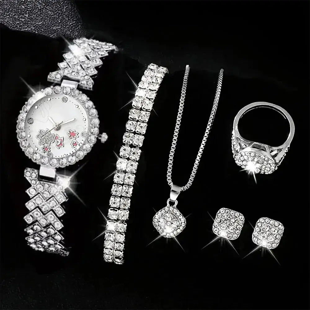 Sparkling rhinestone watch, bracelet, necklace, ring, and earrings set for women's fashion jewelry