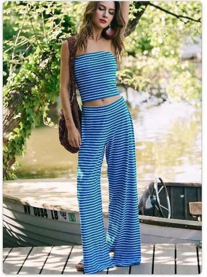 Printed Striped Tube Top And Pants Set Blue
