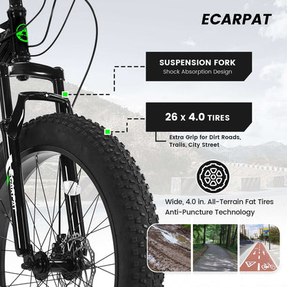 Youth mountain bike S26109 Elecony features shock-absorbing design and 26 x 4.0 in fat tires for all-terrain riding.