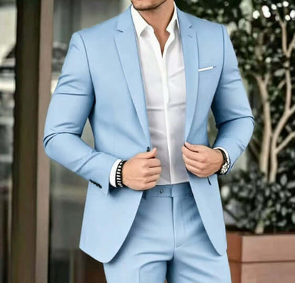 Elegant Banquet Gown Slim-Fit Fashionable Suit And Trousers For Men Sky Blue