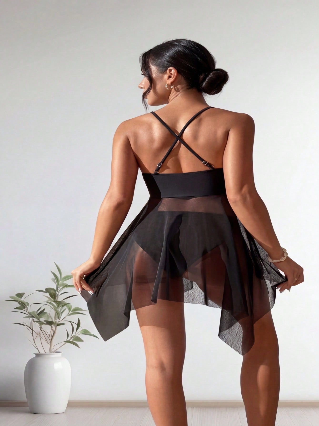 Black Sheer Mesh Twist Front Asymmetrical Hem Swim Dress Swimsuits For Women