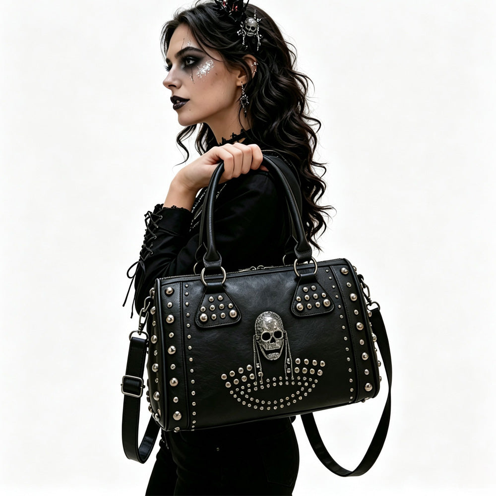 Gothic Punk Skull Rivet Handbag For Women, Halloween Studded PU Leather Large Capacity Shoulder Crossbody Bag, Halloween Party Cosplay Gift