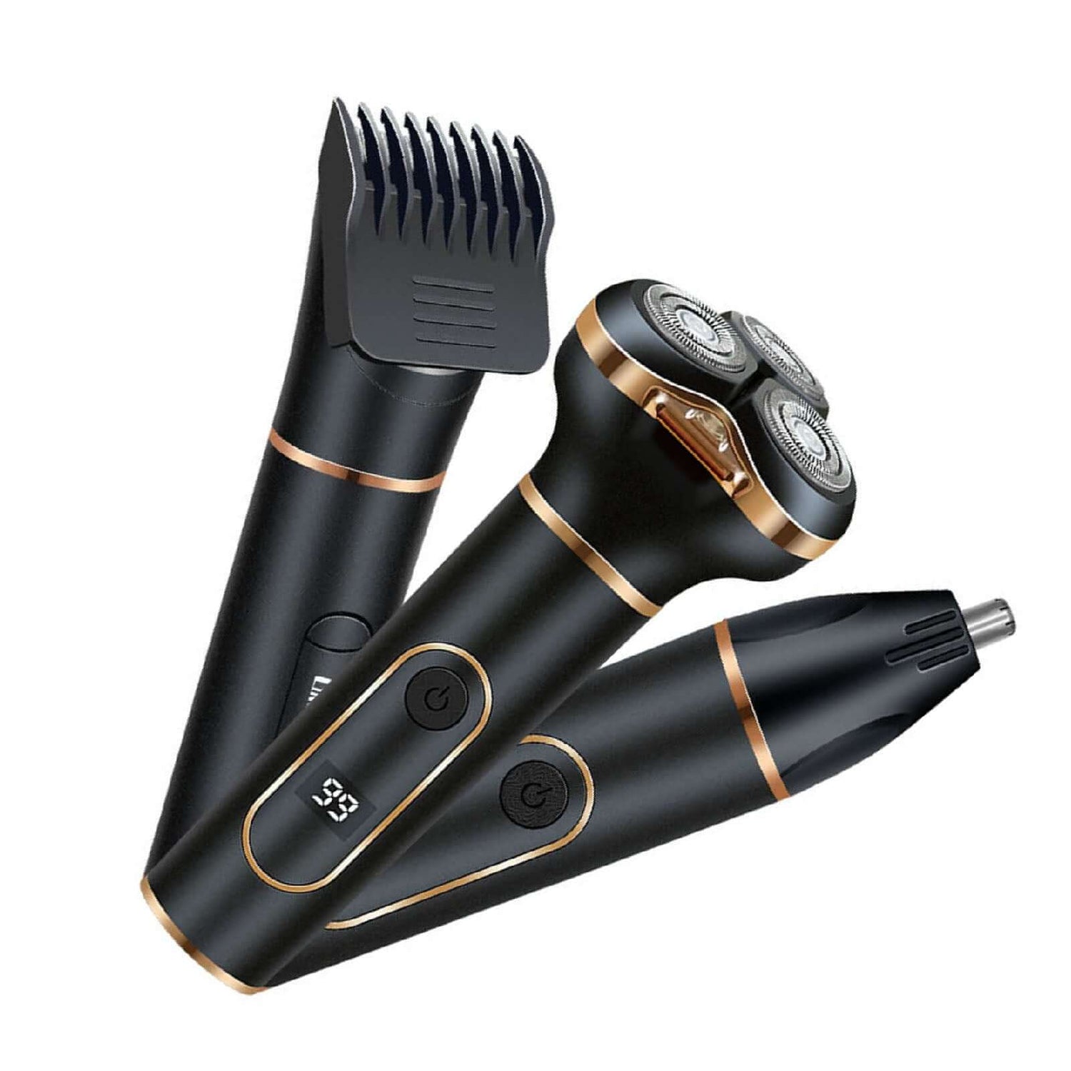 Electric shaving machine for men 3 in 1 design with beard trimmer, nose hair trimmer, and rotary shaver.