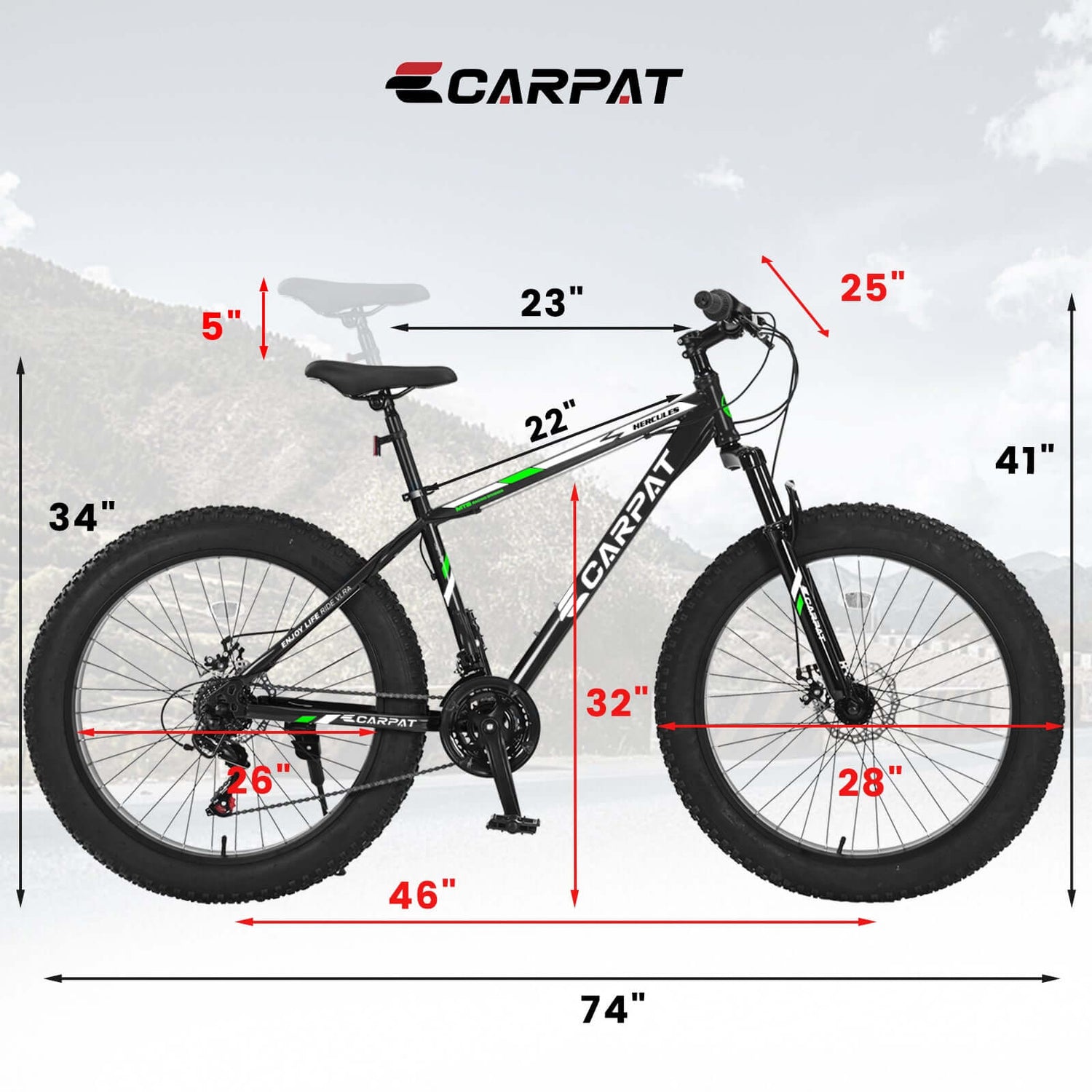Youth mountain bike S26109 Elecony 26 Inch Fat Tire Bike dimensions and specifications.