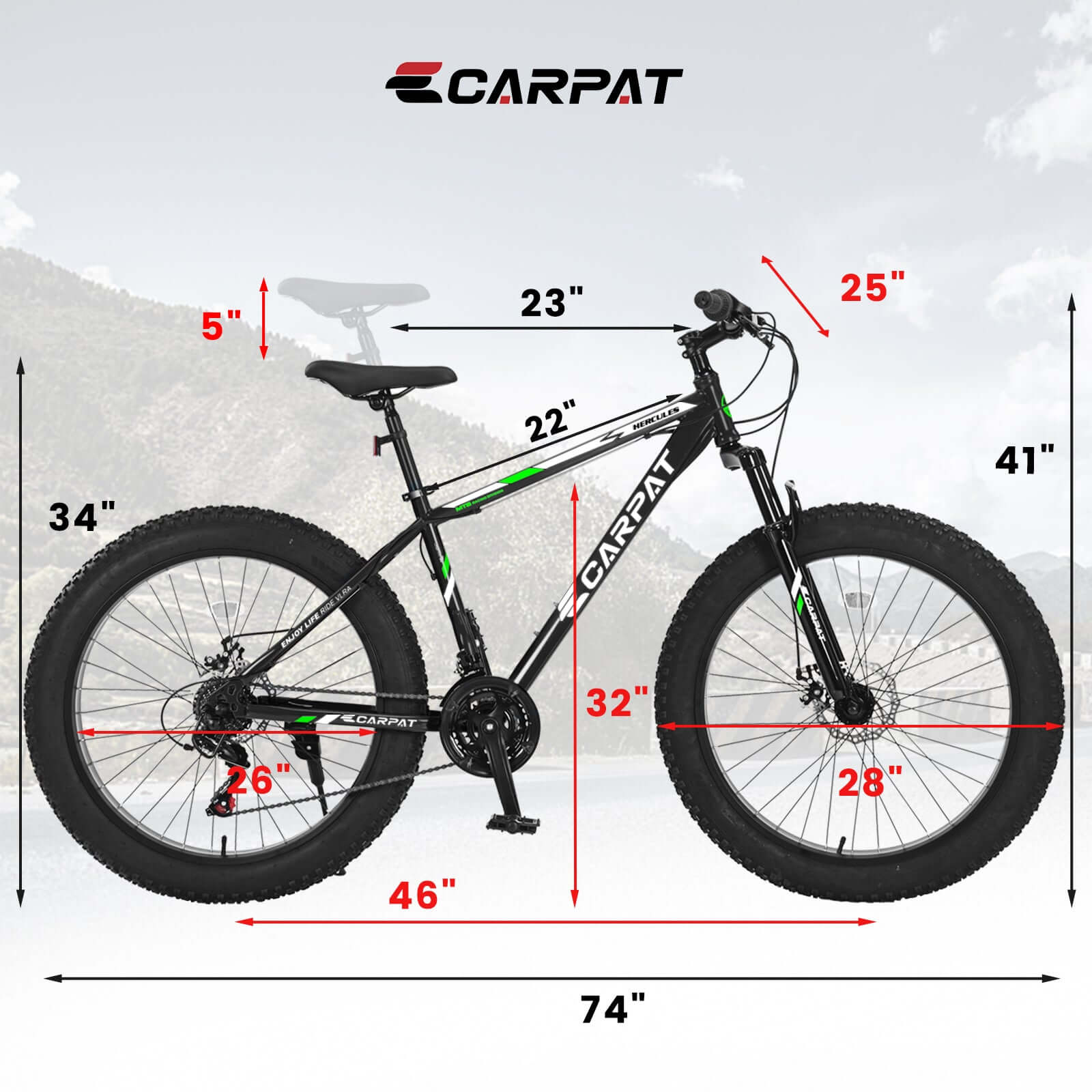 Youth mountain bike S26109 Elecony 26 Inch Fat Tire Bike dimensions and specifications.