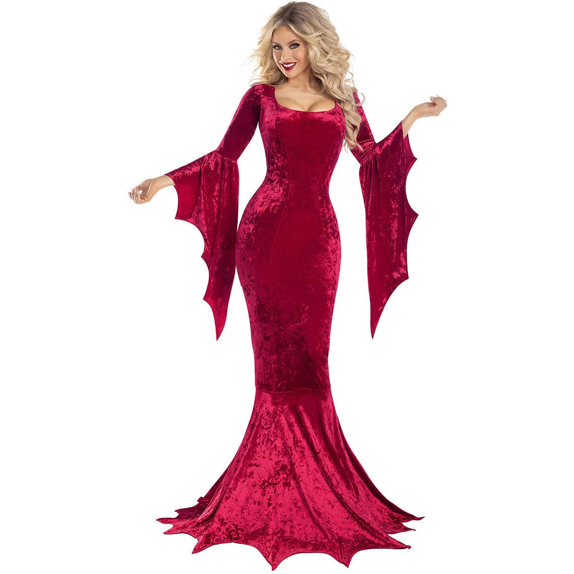 Halloween Witch Ghost Costume long dress in red velvet with flared sleeves and mermaid skirt.