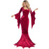 Halloween Witch Ghost Costume long dress in red velvet with flared sleeves and mermaid skirt.