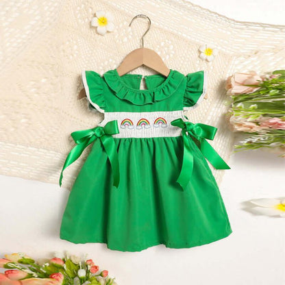 toddler dress with bow Ruffle Sleeve Dress Rainbow Embroidery