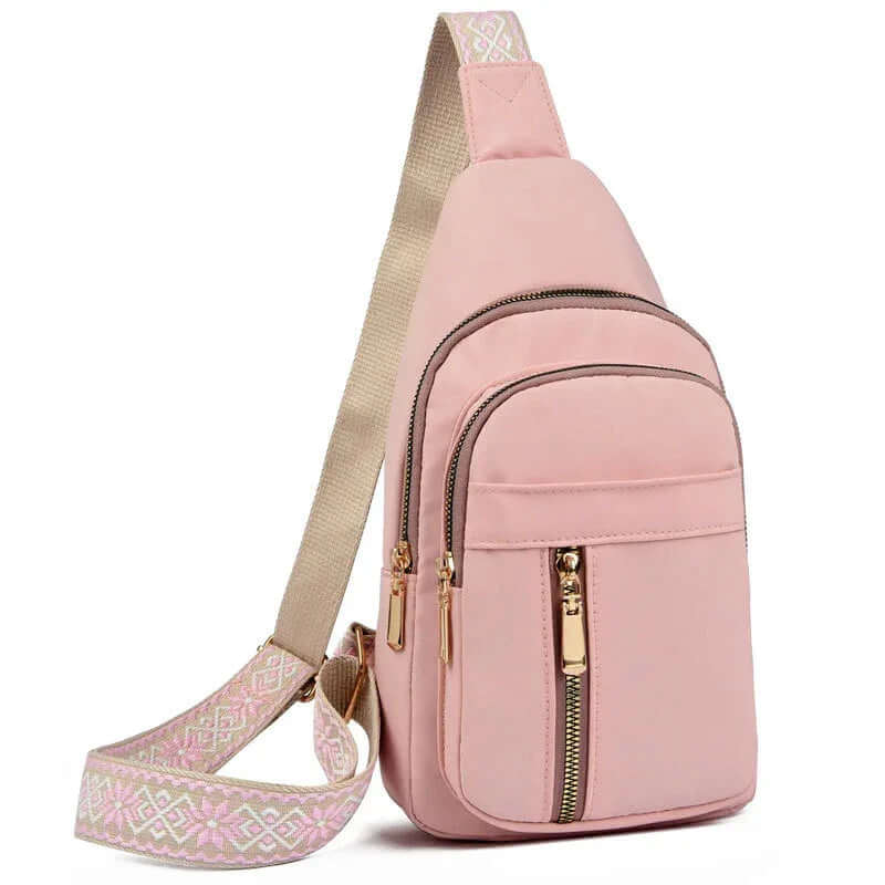 Zippered Shoulder Bag Vintage Style Women's Chest Bag, Non-Waterproof Pink
