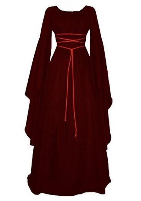 Halloween Long Sleeve Round Collar Belt Irregular Ladies Dress Halloween Witch Costume Wine Red