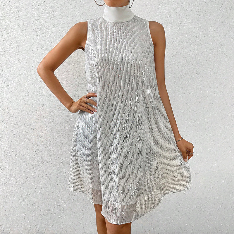 Women's sparkly sequin evening dress featuring a sleeveless design and bow detail at the back.