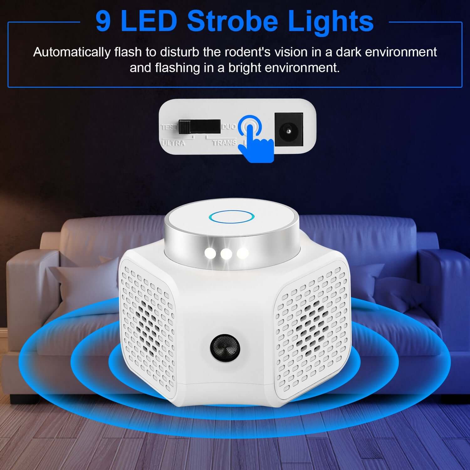 Indoor rodent repellent with 9 LED strobe lights designed to deter rodents in dark environments.