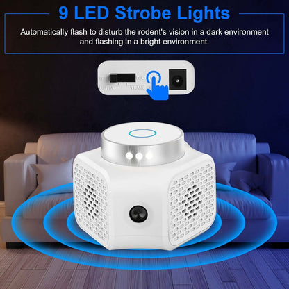 Indoor rodent repellent with 9 LED strobe lights designed to deter rodents in dark environments.