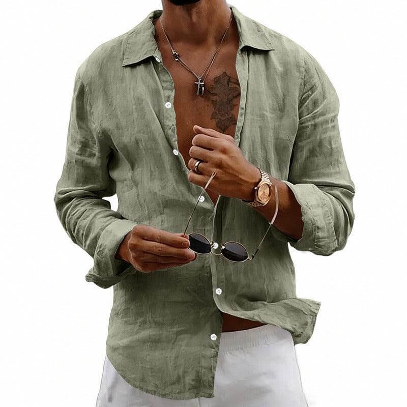 casual linen shirt Loose-fit Cardigan With A Lapel Collar Army Green