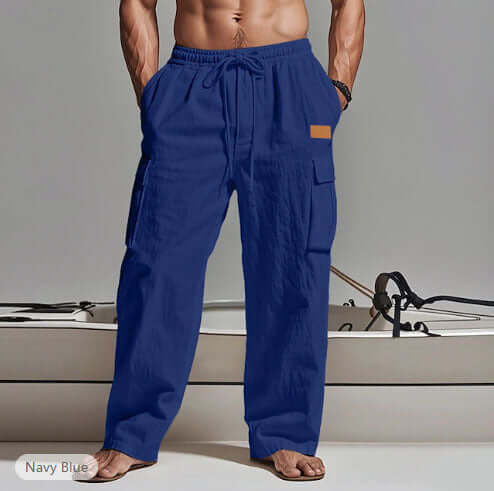 mens cotton linen workwear in navy blue, featuring drawstring closure and straight-leg style.